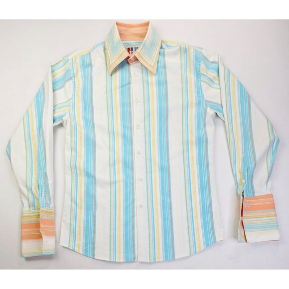 Roar Size Large Mens White Aqua Blue Yellow Orange Stripe French Cuff Shirt - Picture 1 of 13
